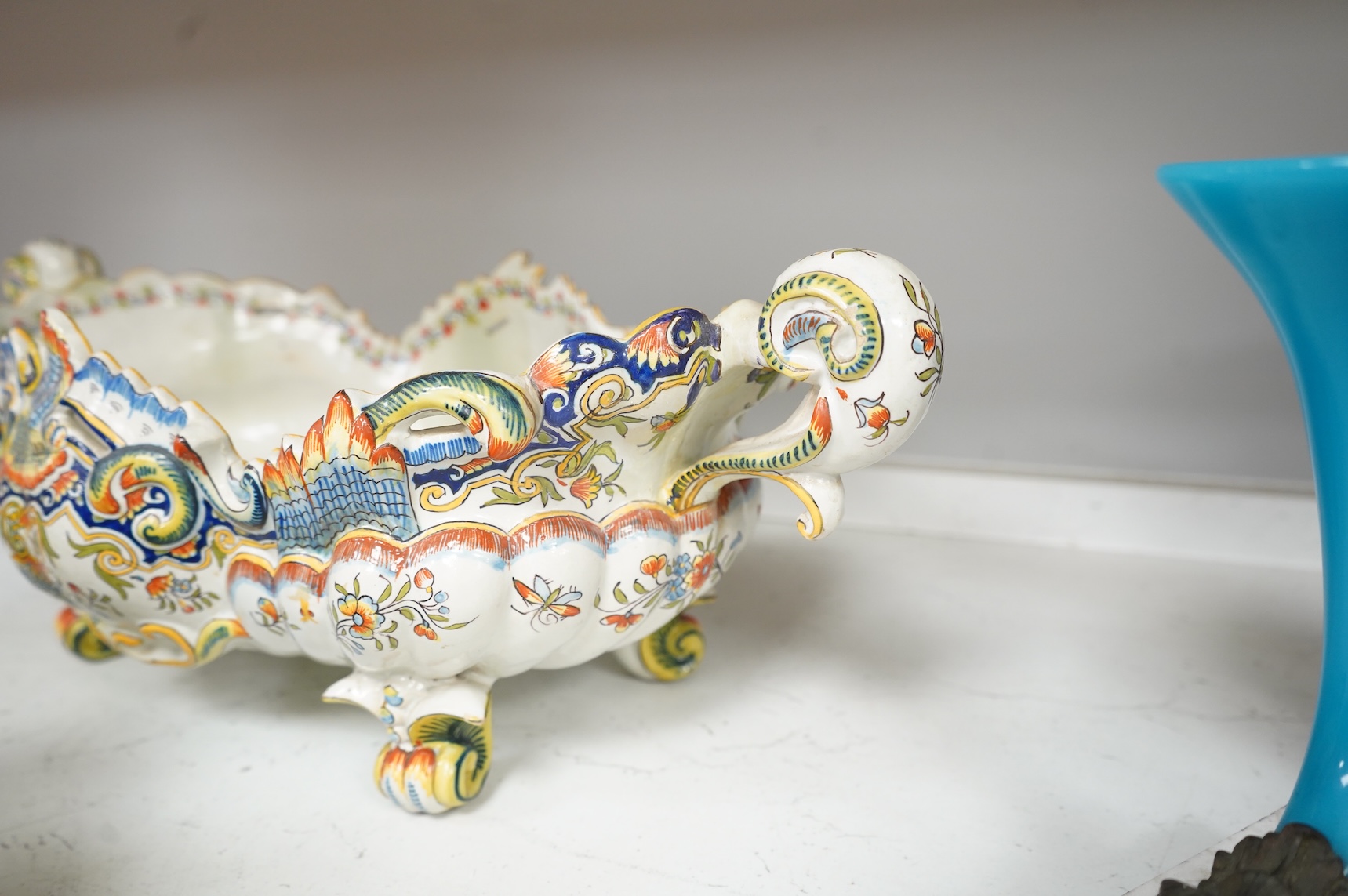 Three French faience planters, one marked Rouen, largest 50cm wide